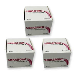 Three boxes of Mildronate 500 mg, 90 capsules per box