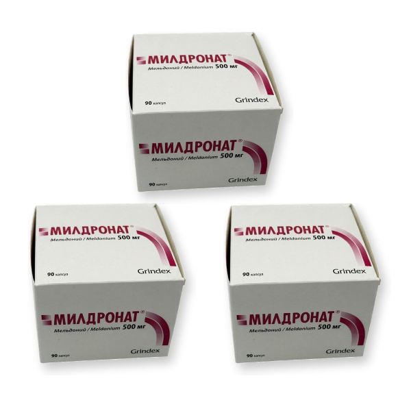 Three boxes of Mildronate 500 mg, 90 capsules per box